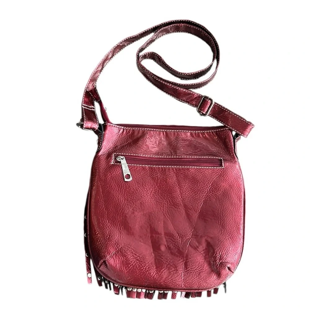Western Faux Leather Fringe Purse‎ Rhinestones Studded Embossed Cowgirl Red